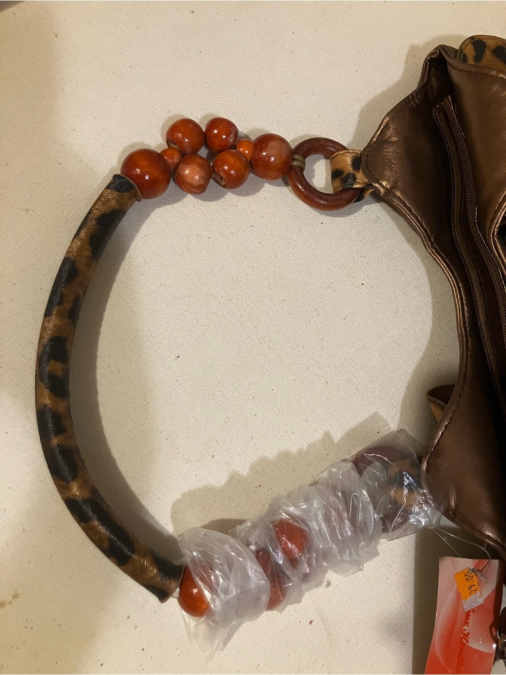 Leopard Print Scallop circle Shoulder Bag with Beaded Handle - Brown/Black - Picture 4 of 7